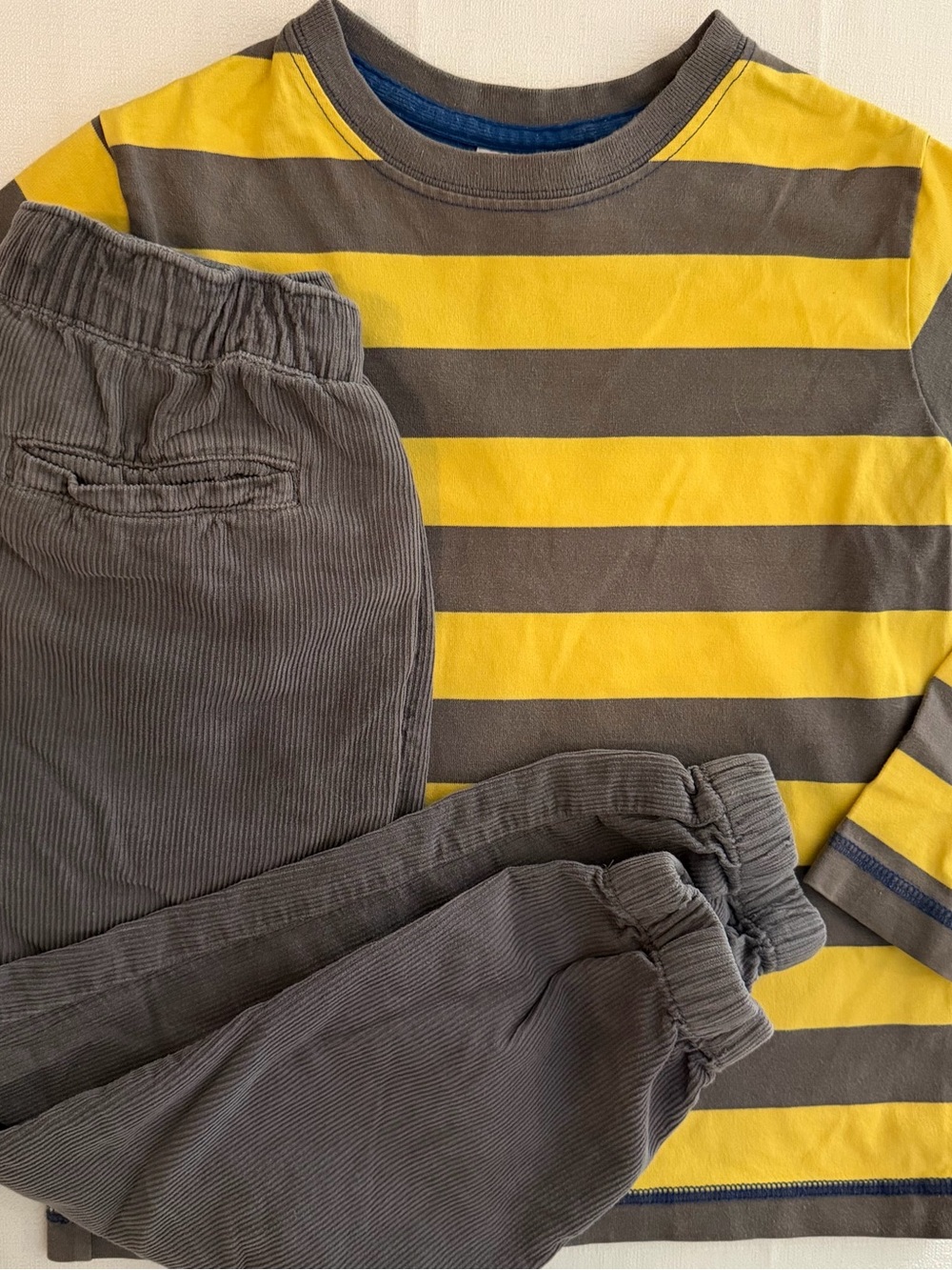 Hanna Andersson Yellow & Gray Striped Top with Gray Corduroy Joggers